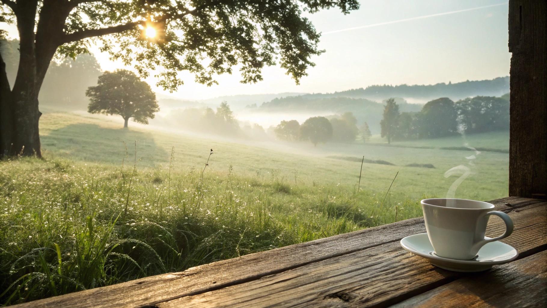 paisagem tranquila de manhã com luz suave, xícara de café e atmosfera inspiradora e otimista