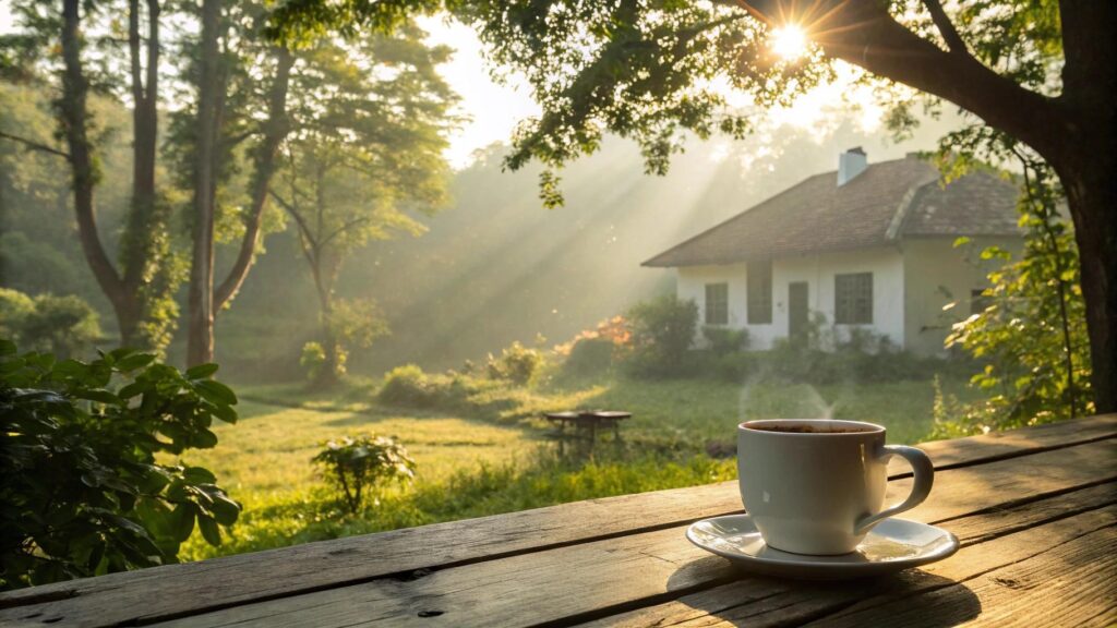 Cena de manhã tranquila de sexta-feira com luz dourada, árvores verdes e café na mesa
