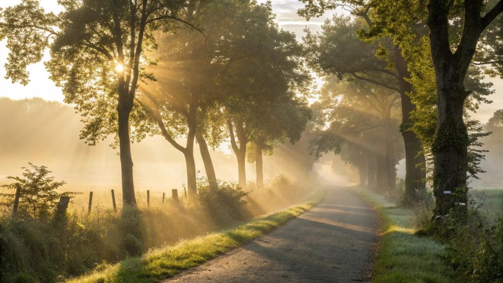 Imagem de uma paisagem serena ao amanhecer com luz dourada e atmosfera espiritual para inspirar fé e esperança neste domingo 06 de julho de 2025