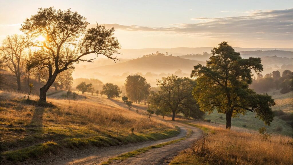 Imagem de um nascer do sol sereno em uma paisagem rural com luz dourada iluminando árvores e um caminho de terra, simbolizando fé, ânimo e inspiração