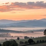 Imagem de um amanhecer tranquilo sobre uma paisagem serena.