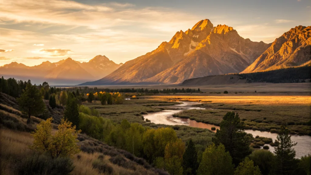 Fotografia de uma paisagem de montanha ao amanhecer, com luz dourada e tons quentes.