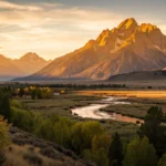 Fotografia de uma paisagem de montanha ao amanhecer, com luz dourada e tons quentes.