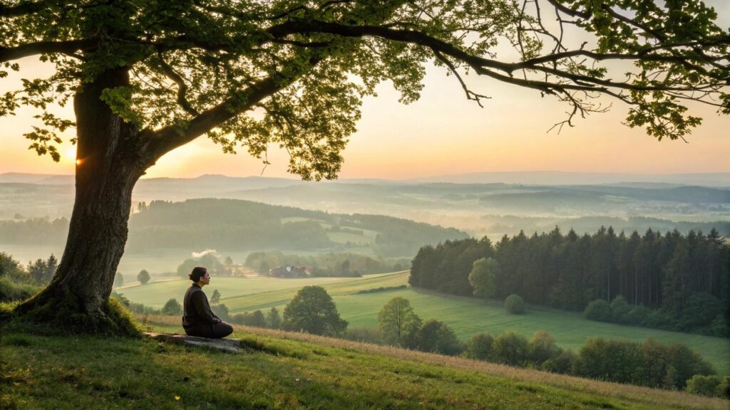 Paisagem ao amanhecer com uma pessoa meditando sob uma árvore, representando reflexão espiritual e esperança