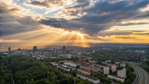 Imagem de um nascer do sol vibrante sobre uma cidade, representando um novo começo e esperança.