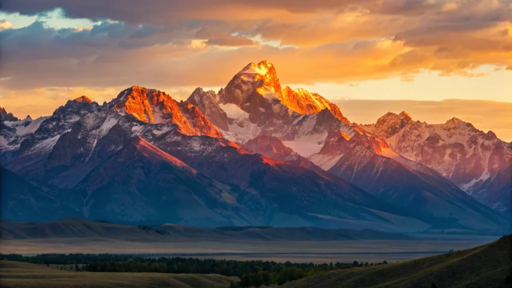 Fotografia de um nascer do sol vibrante sobre montanhas imponentes.