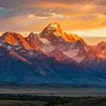 Fotografia de um nascer do sol vibrante sobre montanhas imponentes.