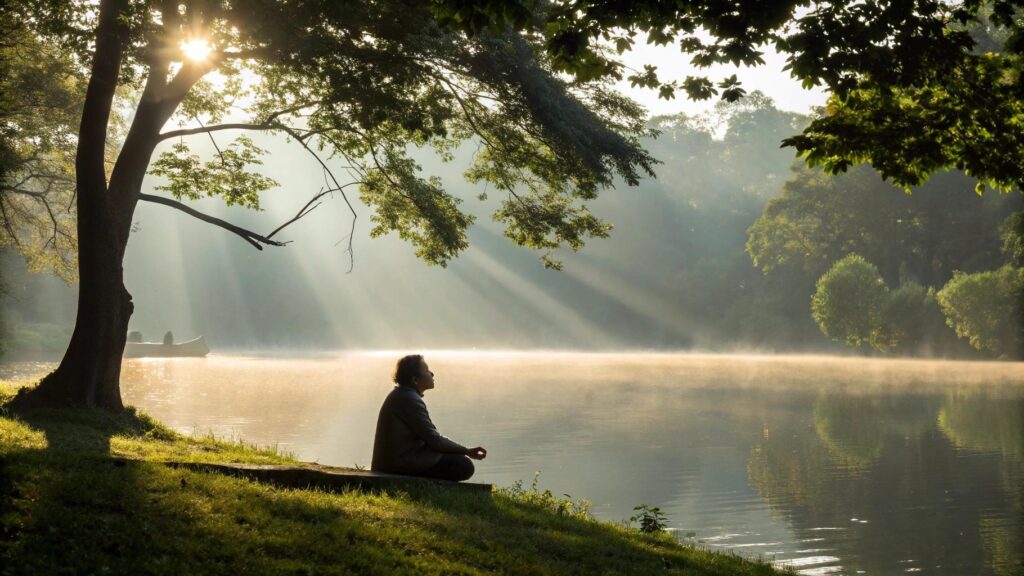 Cena tranquila de manhã com luz do sol entre as árvores e uma pessoa orando à beira de um lago