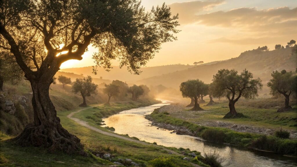 paisagem bíblica serena ao amanhecer com luz suave, árvores antigas e atmosfera de reflexão espiritual
