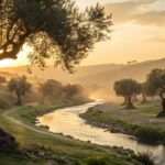 paisagem bíblica serena ao amanhecer com luz suave, árvores antigas e atmosfera de reflexão espiritual