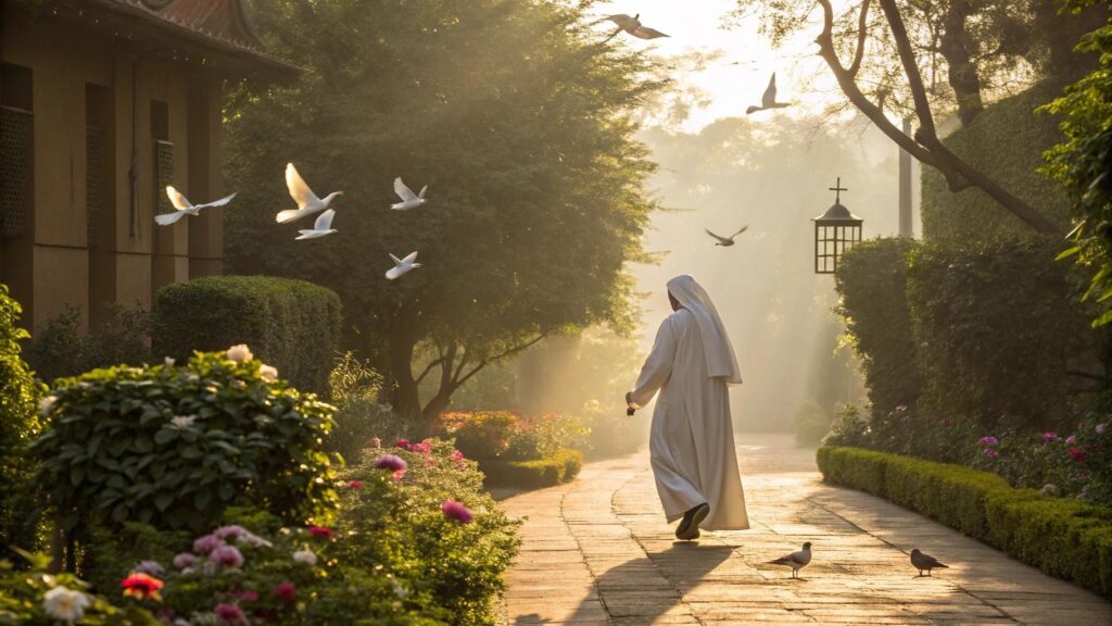 Imagem inspiradora de um santo em um jardim iluminado pelo sol, representando fé e amor no domingo de 06 de julho de 2025
