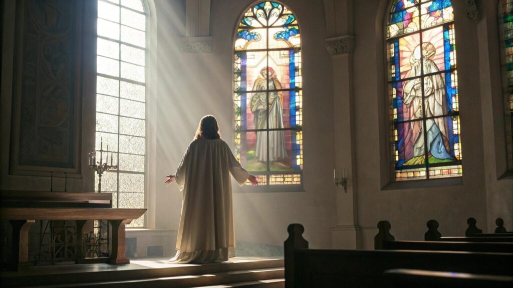 Imagem representando um santo em um ambiente de igreja sereno, irradiando fé e inspiração