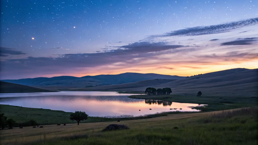 Paisagem noturna tranquila com céu estrelado e cores suaves, simbolizando descanso e otimismo para uma boa noite de segunda-feira, 07 de julho de 2025.
