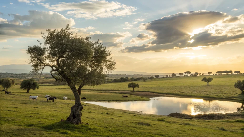 Paisagem tranquila ao entardecer com luz dourada, simbolizando paz e novas oportunidades na segunda-feira, 07/07/2025.