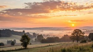 Nascer do sol de 1 de setembro de 2025 iluminando a paisagem, representando fé, esperança e inspiração