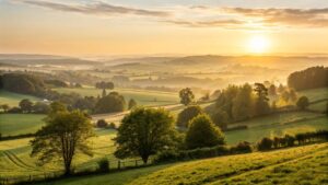 Amanhecer brilhante em um campo tranquilo no dia 1 de setembro de 2025, simbolizando fé, esperança e motivação para a segunda-feira