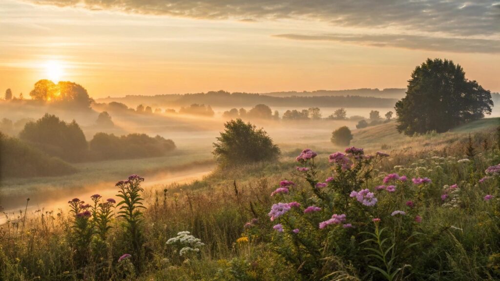 Amanhecer de setembro com luz dourada sobre paisagem tranquila, flores desabrochando e neblina suave