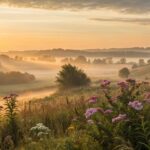 Amanhecer de setembro com luz dourada sobre paisagem tranquila, flores desabrochando e neblina suave