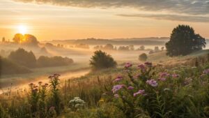 Amanhecer de setembro com luz dourada sobre paisagem tranquila, flores desabrochando e neblina suave