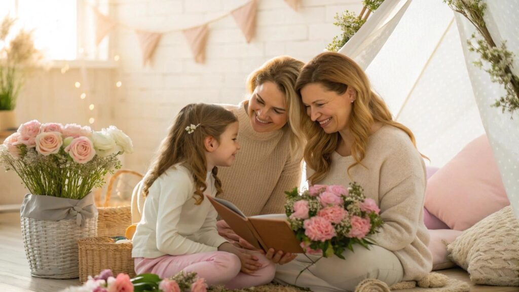 Imagem representando o Dia das Mães comemorado em 01/09/2025 com flores e clima familiar especial
