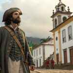 Ilustração realista de Tiradentes em cenário colonial do Brasil no século XVIII