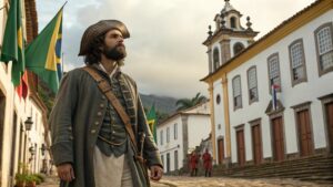Ilustração realista de Tiradentes em cenário colonial do Brasil no século XVIII