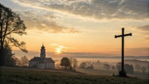 Imagem de um nascer do sol sereno com igreja ao fundo e cruz, simbolizando fé e esperança para segunda-feira 01/09/2025
