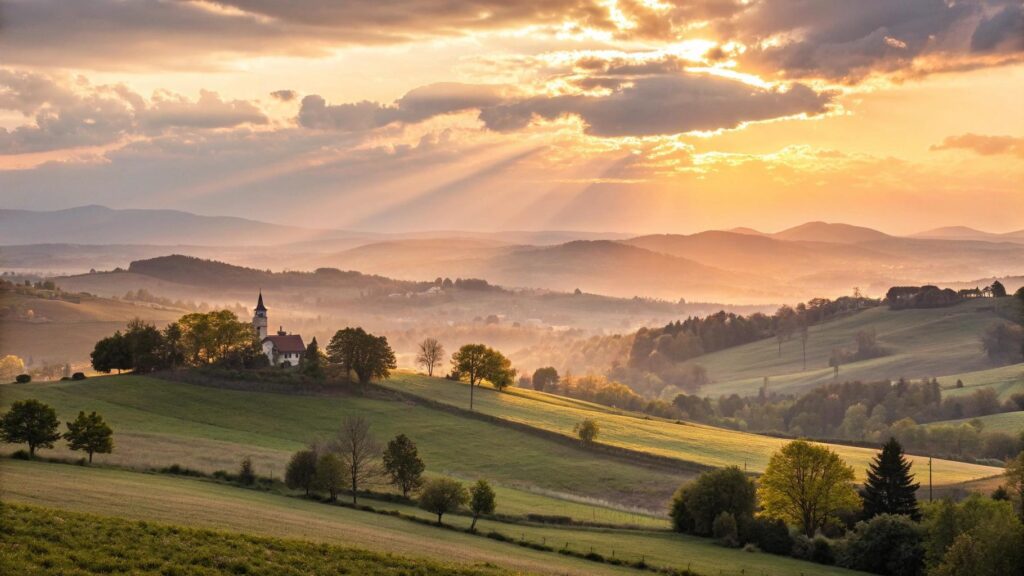 Imagem de um nascer do sol sereno no campo representando fé, esperança e inspiração bíblica para começar a semana