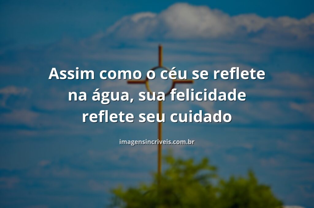 Paisagem serena com céu azul e nuvens refletidas em um lago calmo, transmitindo uma sensação de paz, equilíbrio e felicidade.