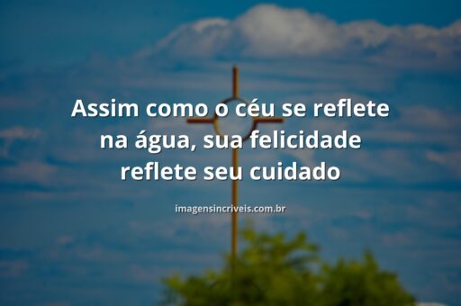 Paisagem serena com céu azul e nuvens refletidas em um lago calmo, transmitindo uma sensação de paz, equilíbrio e felicidade.