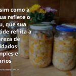Paisagem serena de um lago espelhando o céu azul com nuvens brancas, transmitindo a calma e a simplicidade do cuidado com o diabetes.