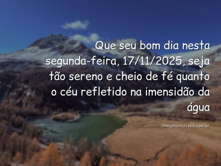 Céu vibrante ao amanhecer refletido em águas calmas de um lago, transmitindo uma sensação de paz e fé para o início da semana.
