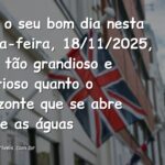 Amanhecer vitorioso sobre a água calma, com o céu em tons de laranja e azul, inspirando um dia de conquista e paz.