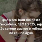 Paisagem serena de um lago calmo ao amanhecer, refletindo o céu em tons suaves, evocando um sentimento de paz e tranquilidade.