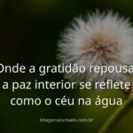 Paisagem serena de um lago espelhando o céu azul e nuvens, com uma montanha ao fundo, transmitindo calma e gratidão.