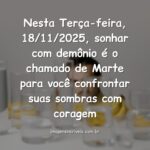 Cena noturna, surreal e abstrata, simbolizando os conflitos internos de um sonho com demônio na data específica de 18/11/2025.