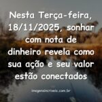 Cena noturna abstrata e surreal com notas de dinheiro se desfazendo em luz, simbolizando a interpretação do sonho de 18/11/2025.